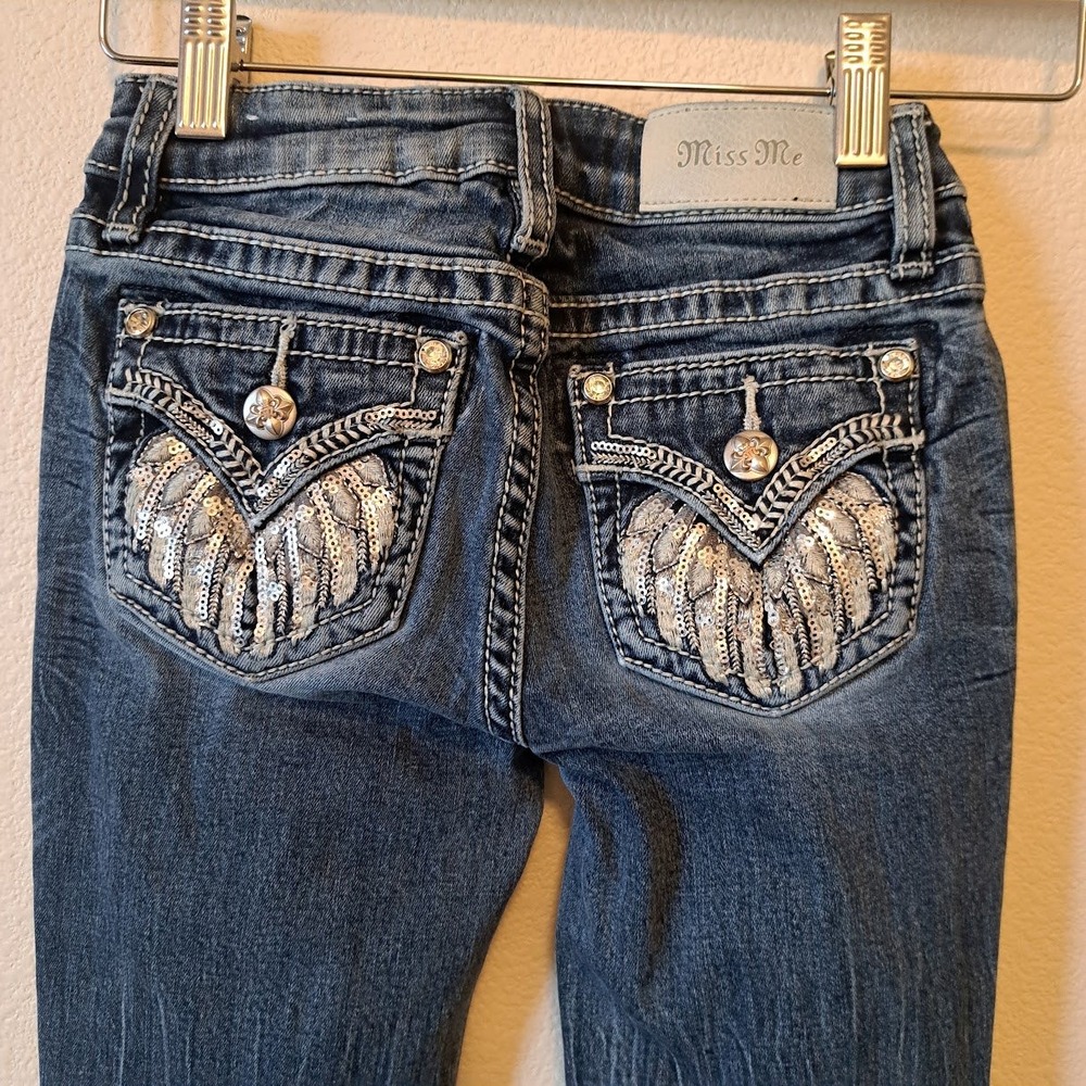 Miss Me Youth Girls Size 8 Bootcut Jeans Angel Wing Sequin Pockets Dark Wash